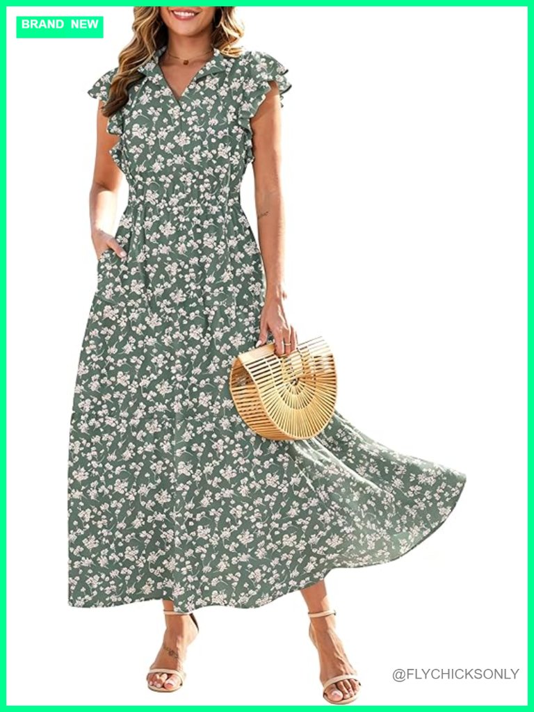 Self-Tie V Neck High Waist Ruffle Cap Sleeve Maxi Dress With Pockets